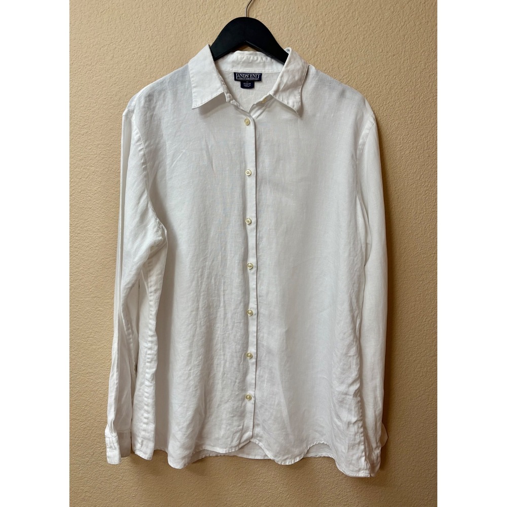 Lands End Womens 16 Regular White 100% Linen Long Sleeve Button Down Shirt